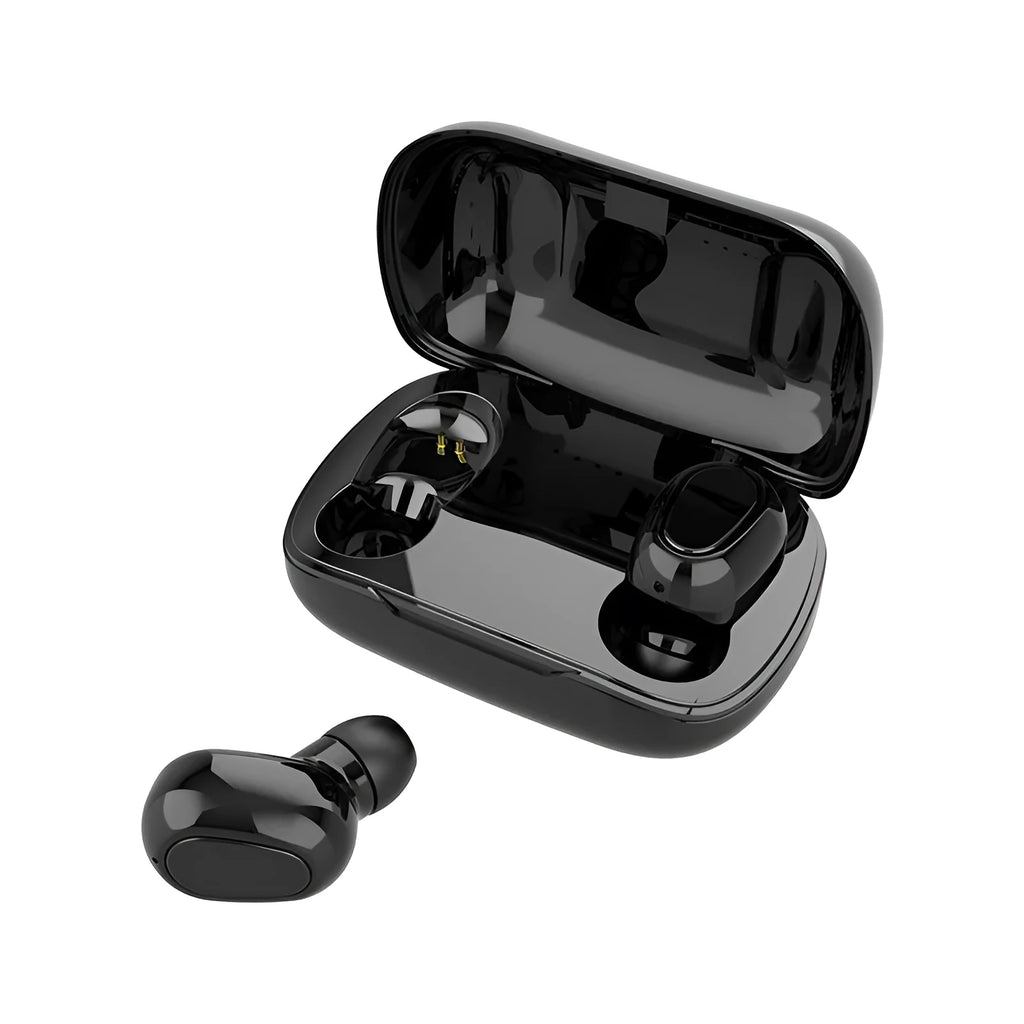 Sports mini in-ear Bluetooth 5.0 headphones in black with 8mm copper ring speaker and charging chamber