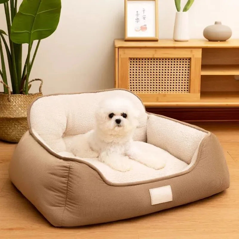 Medium plush foam dog bed in grey with raised edges and non-slip base, size M 60x50x29cm