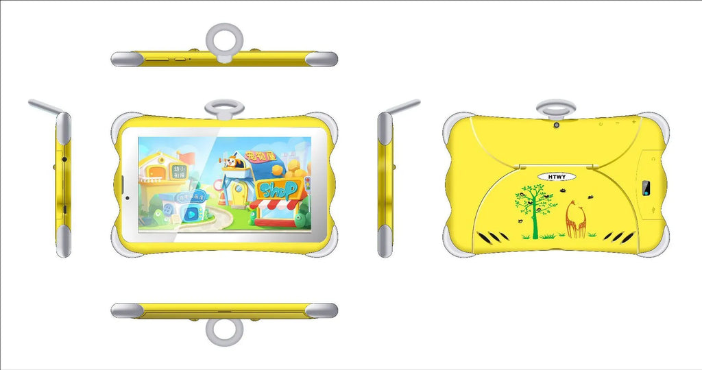 A 7-inch cartoon-coloured children's learning tablet positioned on its included stand, showing the IPS screen.