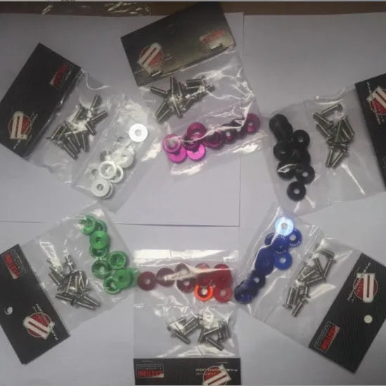Car modification gasket screw set showing 10 pieces in eight different colours including black, red, blue and silver