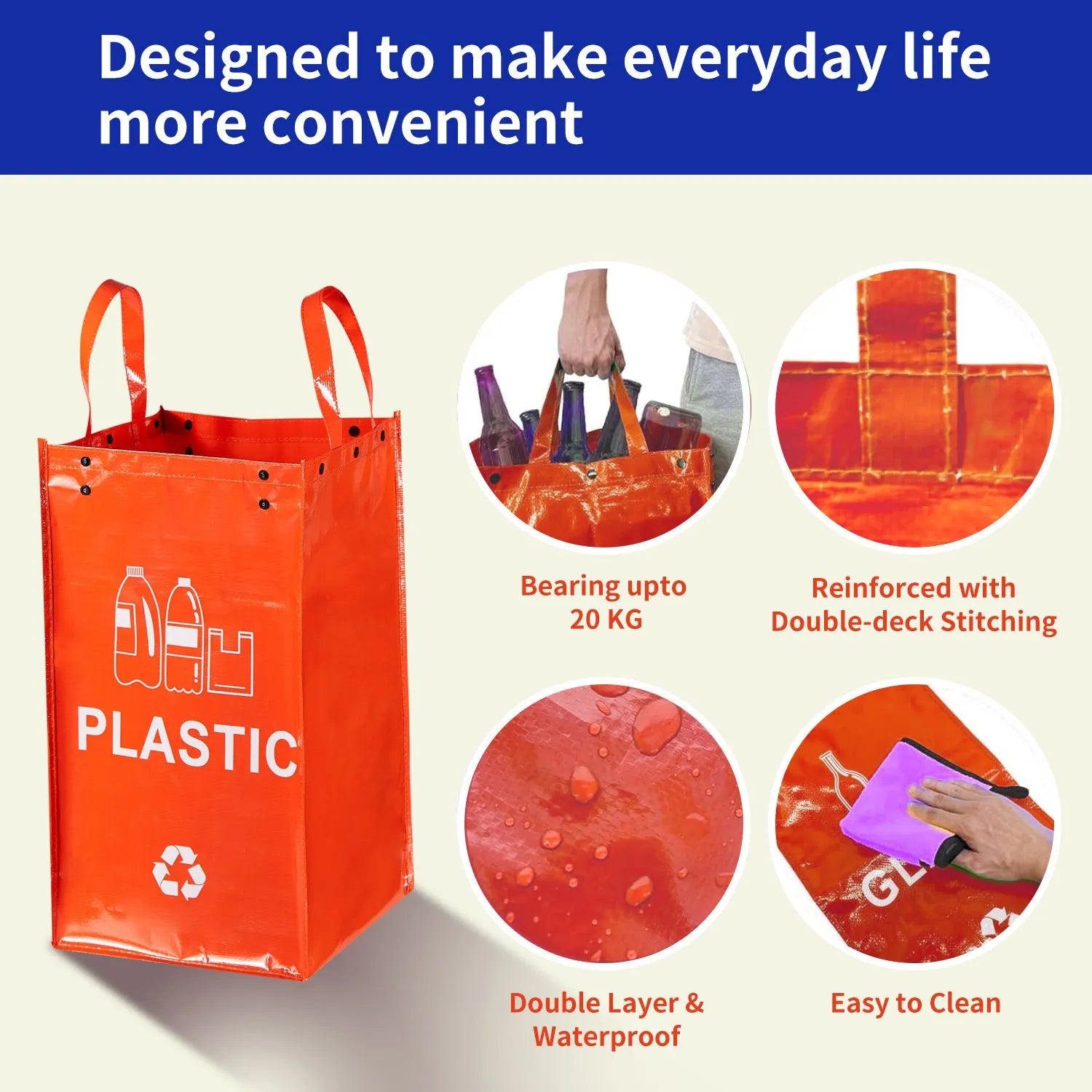 Blue waterproof handbag-style waste segregation bin with a 40L capacity.
