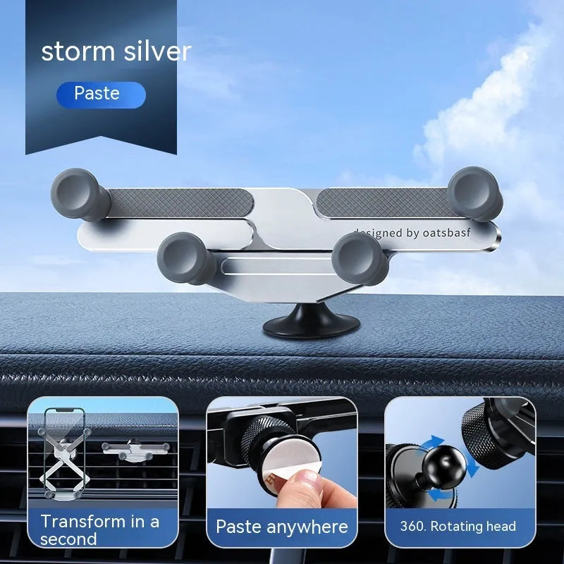 An invisible aluminium alloy phone holder for car air vents, shown in black.