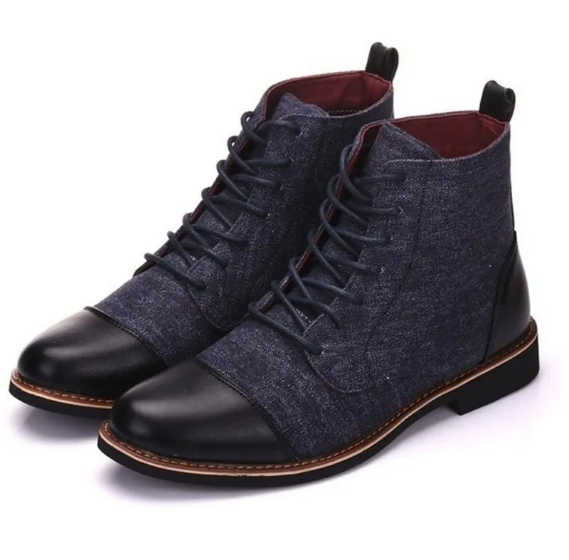 Men's leather motorcycle boots with buckle detailing in black, blue, grey, khaki colours