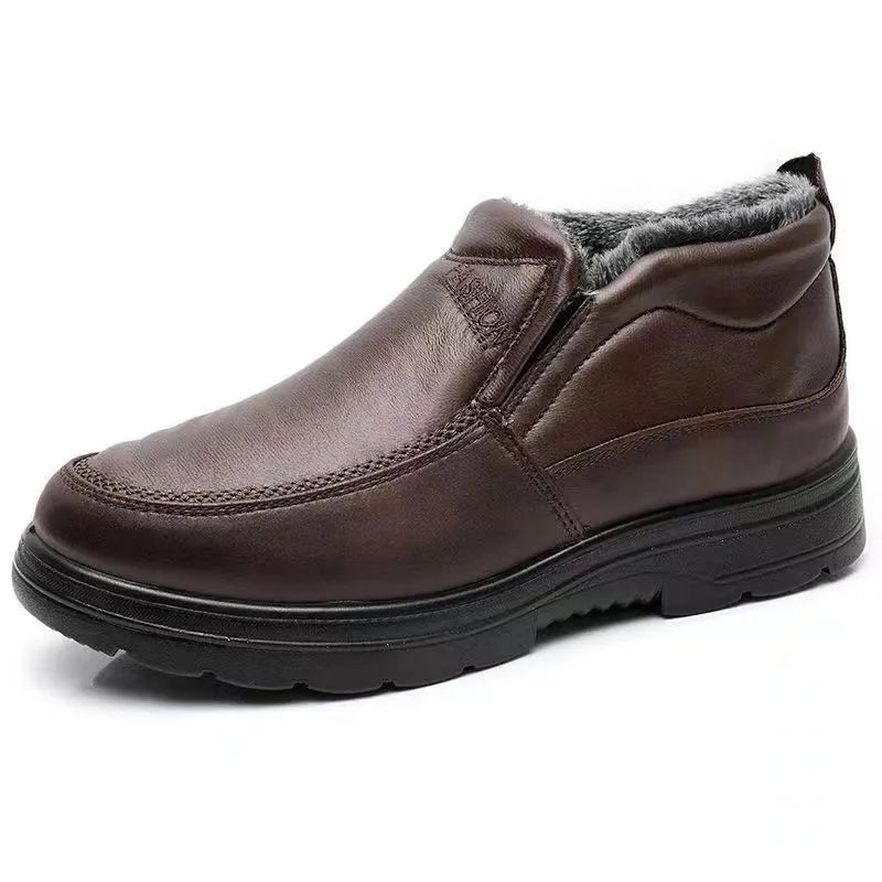 Men's black winter slip-on shoes with fleece lining and rubber sole