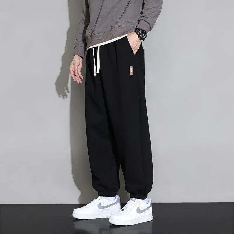 Men's loose fit solid colour cotton blend sports trousers with drawstring elastic waist in Gray, Black, Army Green, sizes M to 8XL
