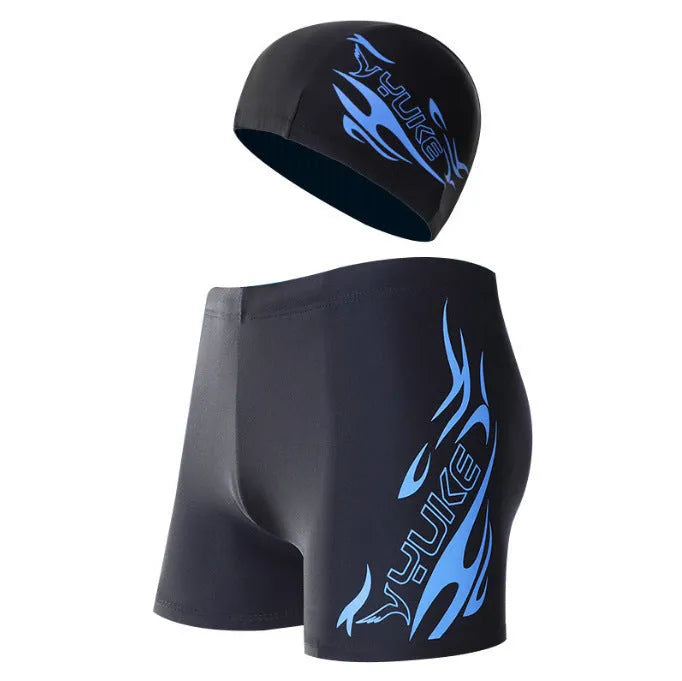 Men's blue and red flame pattern plus size swimming trunks on a black background.