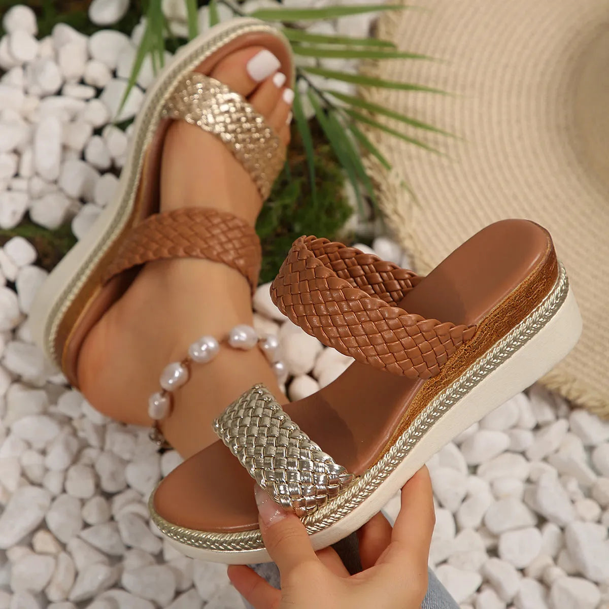 Gold and silver plus size wedge sandals for women on a white background.
