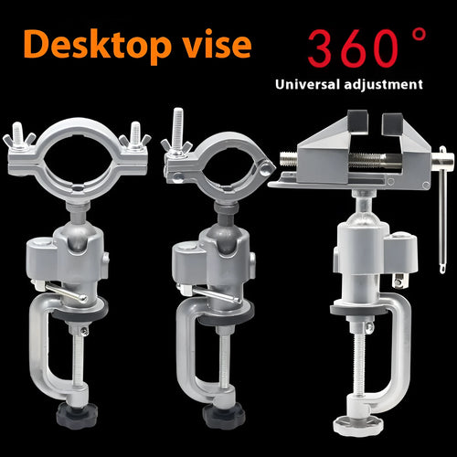 Bench vise with 360-degree rotation and clamp-on bracket mounting