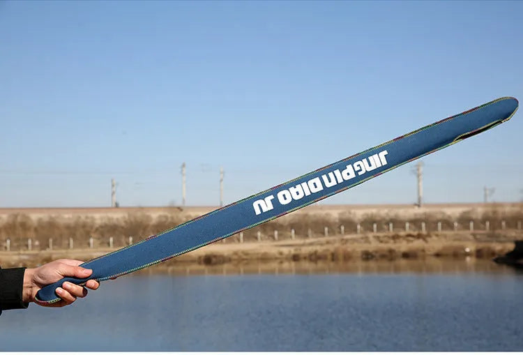 Brown telescopic fishing rod storage bag made from cotton fabric.