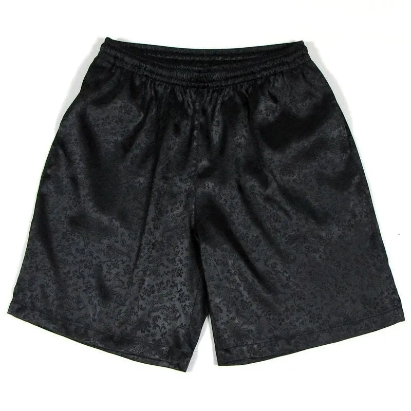 Men's black traditional Chinese Tang suit shorts with elastic waistband.