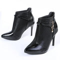 Women's pointed toe ankle boots with 9.5cm stiletto heel and side zipper in glossy black