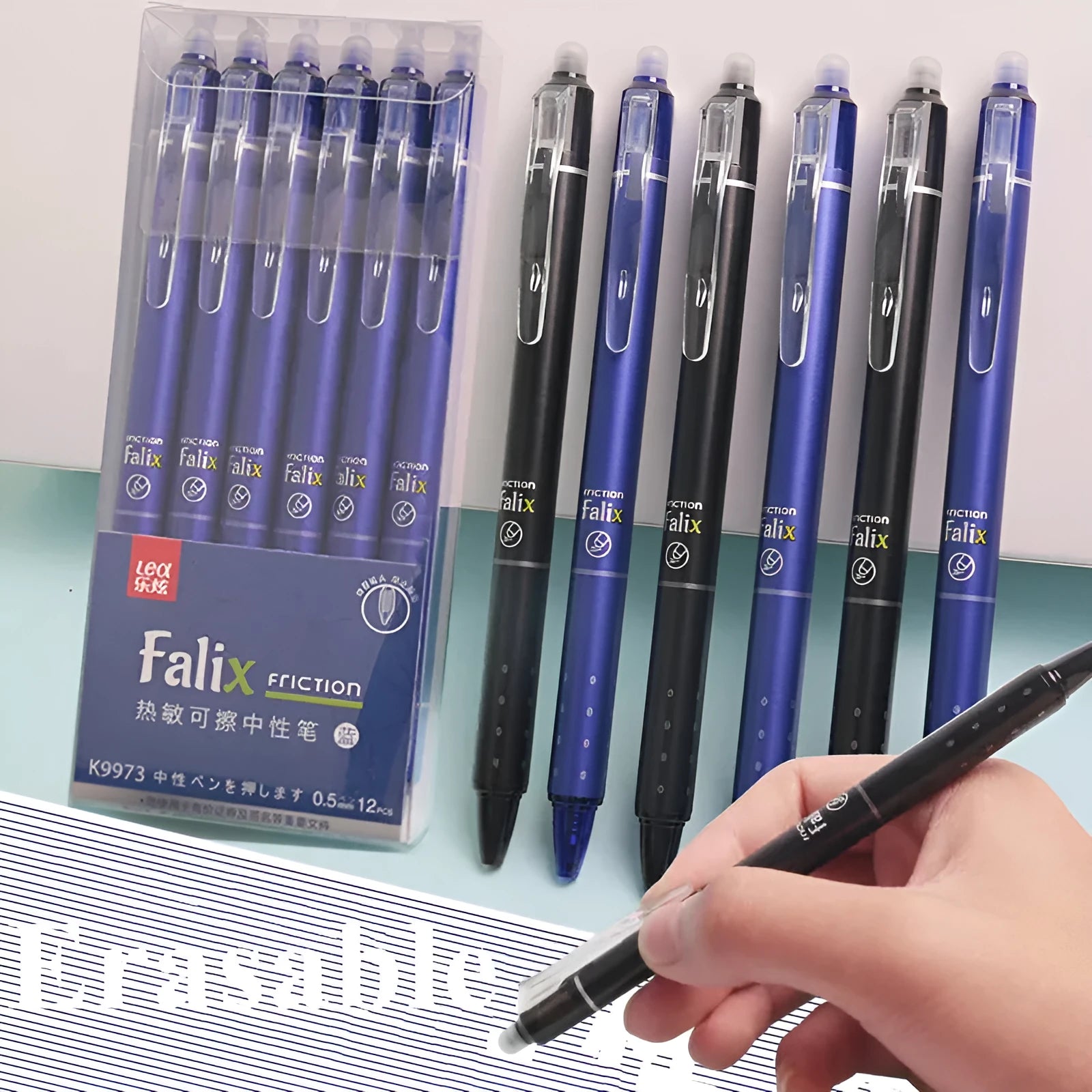 Blue and black erasable 0.5mm gel pen with plastic body and stainless steel nib for student writing