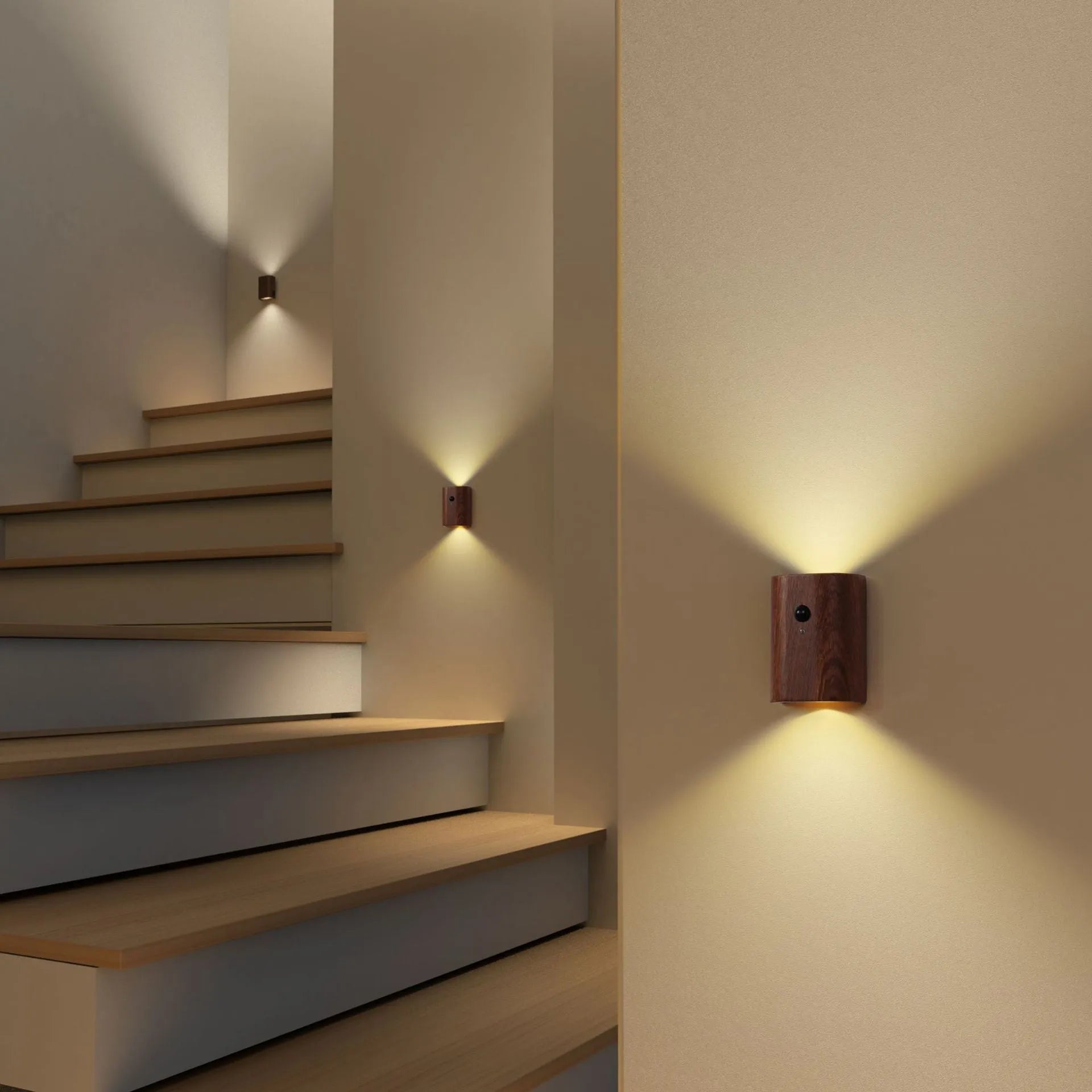Solid wood pattern linkage human body induction LED light with warm white glow, Sapele finish