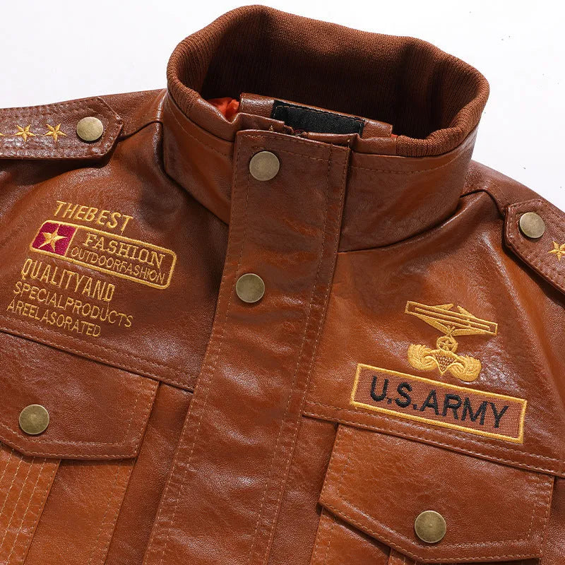Men's short slim fit PU leather jacket with stand-up collar in brown, black or Army Green