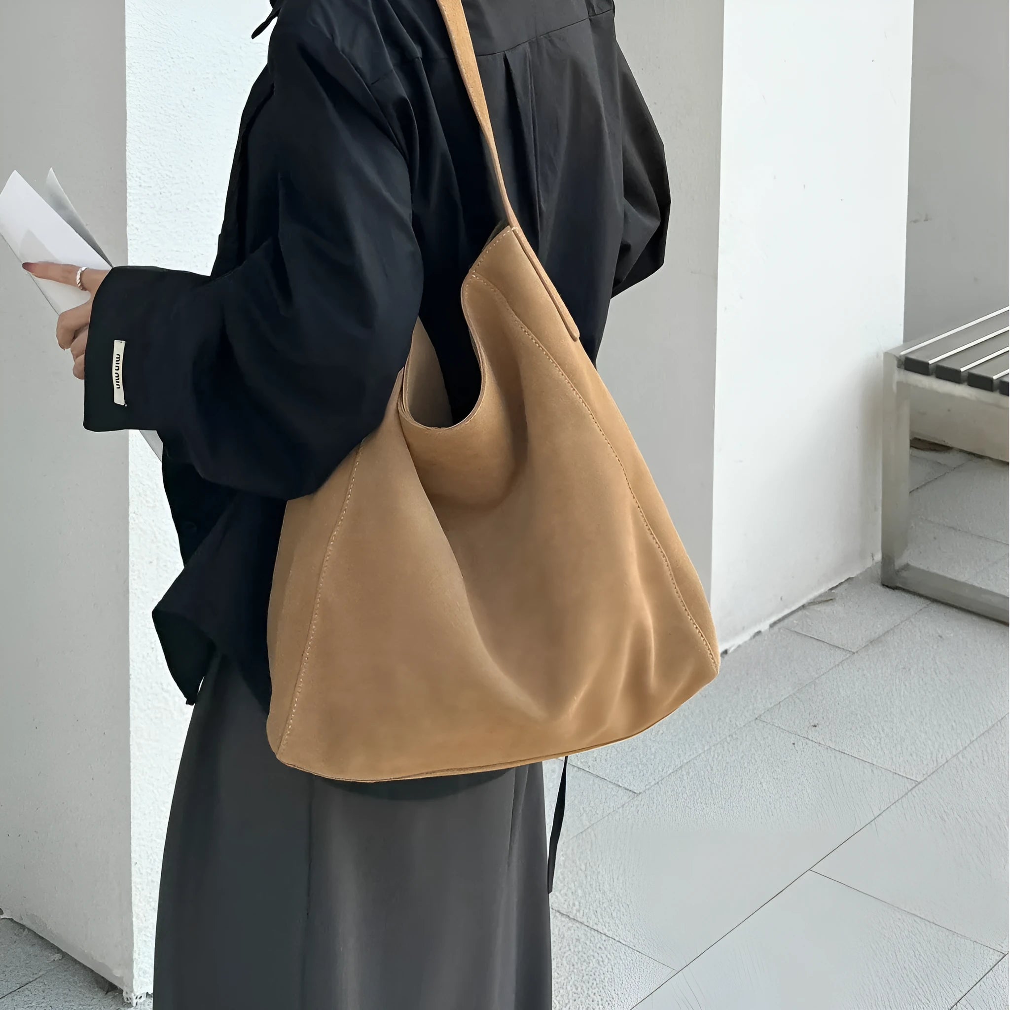 Women's minimalist loose suede shoulder bag in bucket shape, genuine leather, retro European style, 33x10x37cm