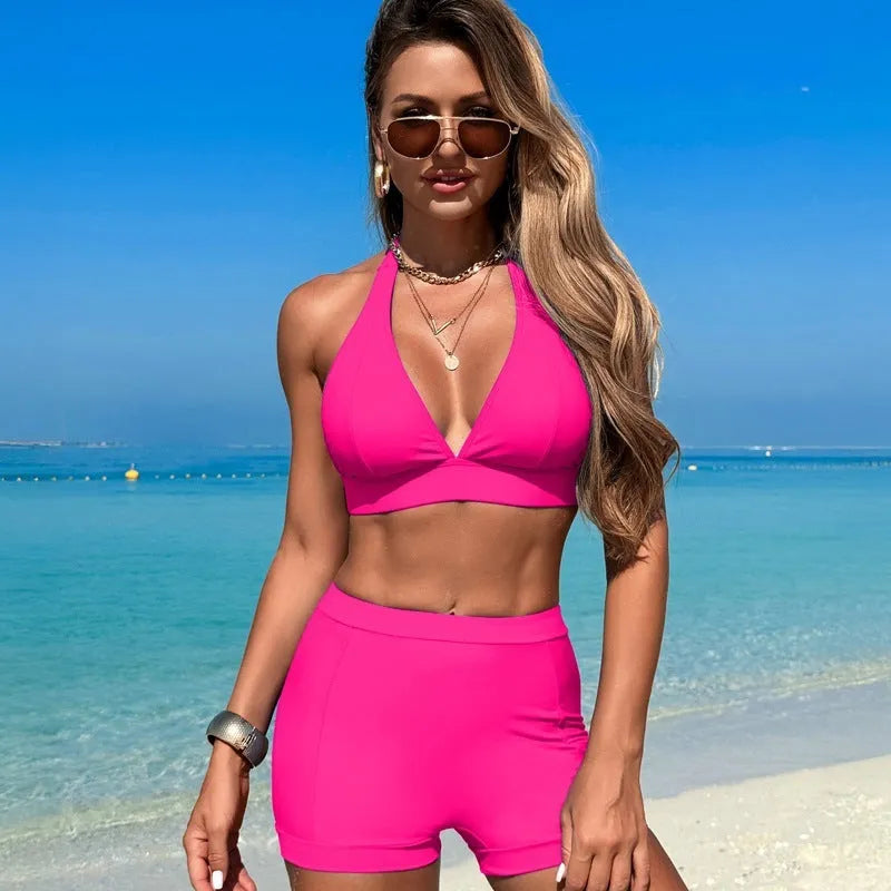 Women's black split bikini swimsuit for swimming and hot spring bathing.