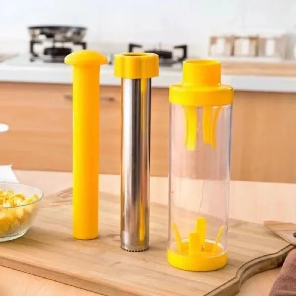 Yellow cylindrical corn stripper kitchen tool made from ABS plastic and stainless steel