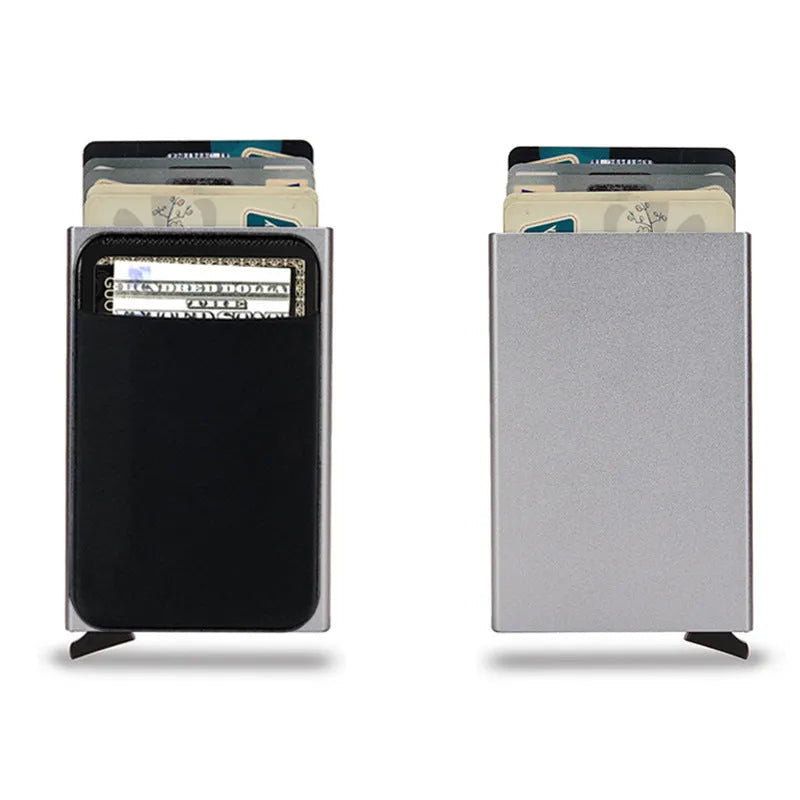 Slim aluminium metal credit card holder in frosted rose gold colour, showing front view.