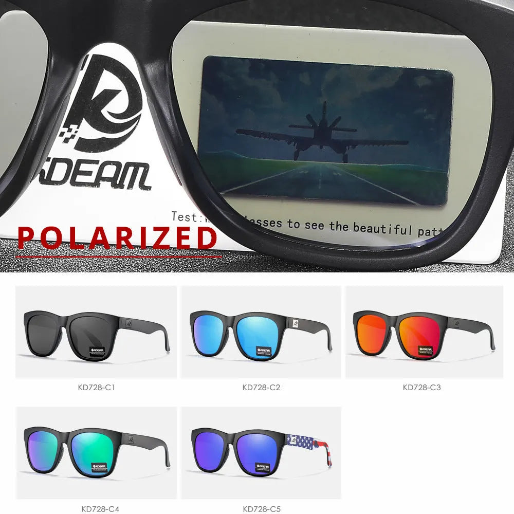Polarised TAC lens sunglasses with a PC frame for outdoor activities, shown in one of five available colours.