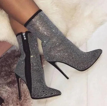 Women's pointed toe stiletto heeled boots in beige suede with rhinestone detail and side zipper
