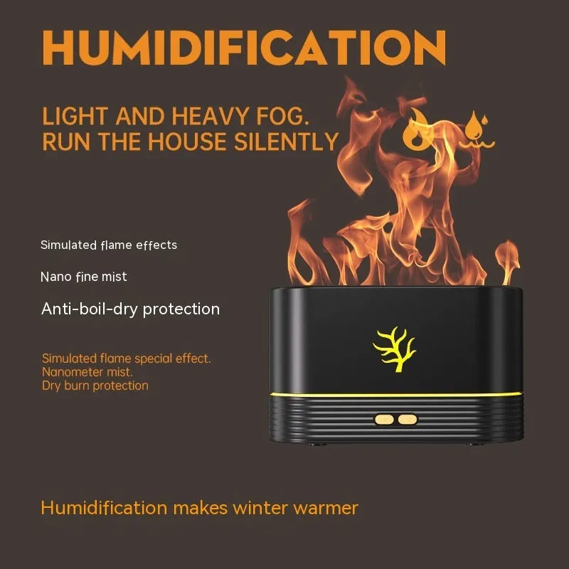 Square black or white USB flame humidifier with LED fire simulation effects and aromatherapy function