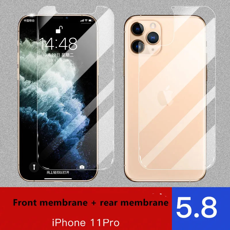Tempered glass screen and rear protector film for Apple iPhone models on a table.