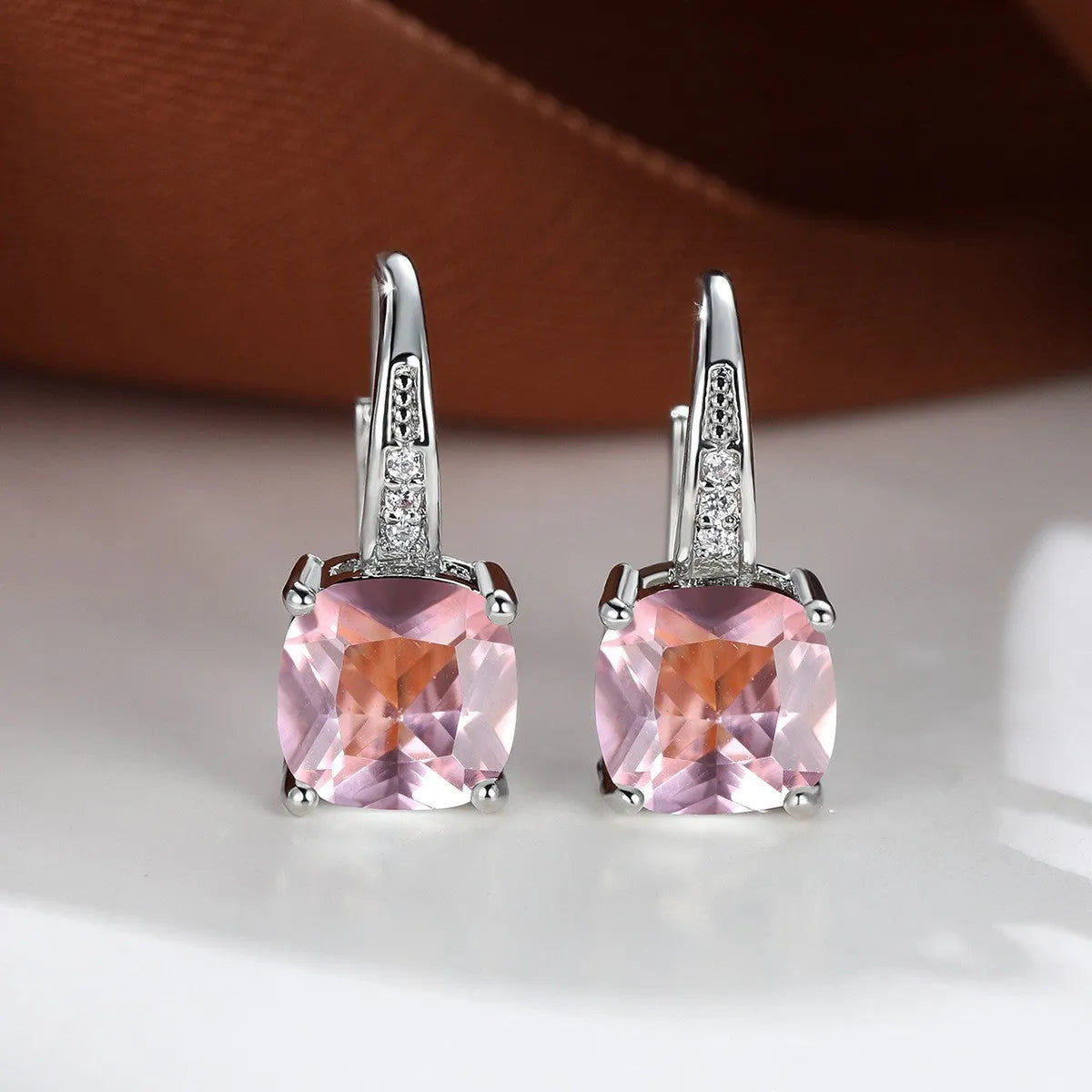 Square geometric ear hooks with round zircon inlays in gold, platinum, or rose gold finish