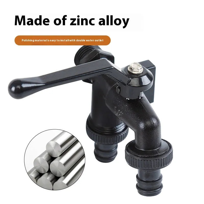 Double water outlet zinc alloy garden tap nozzle, 1/2 inch, black plated finish, in black, red, yellow, blue, or green