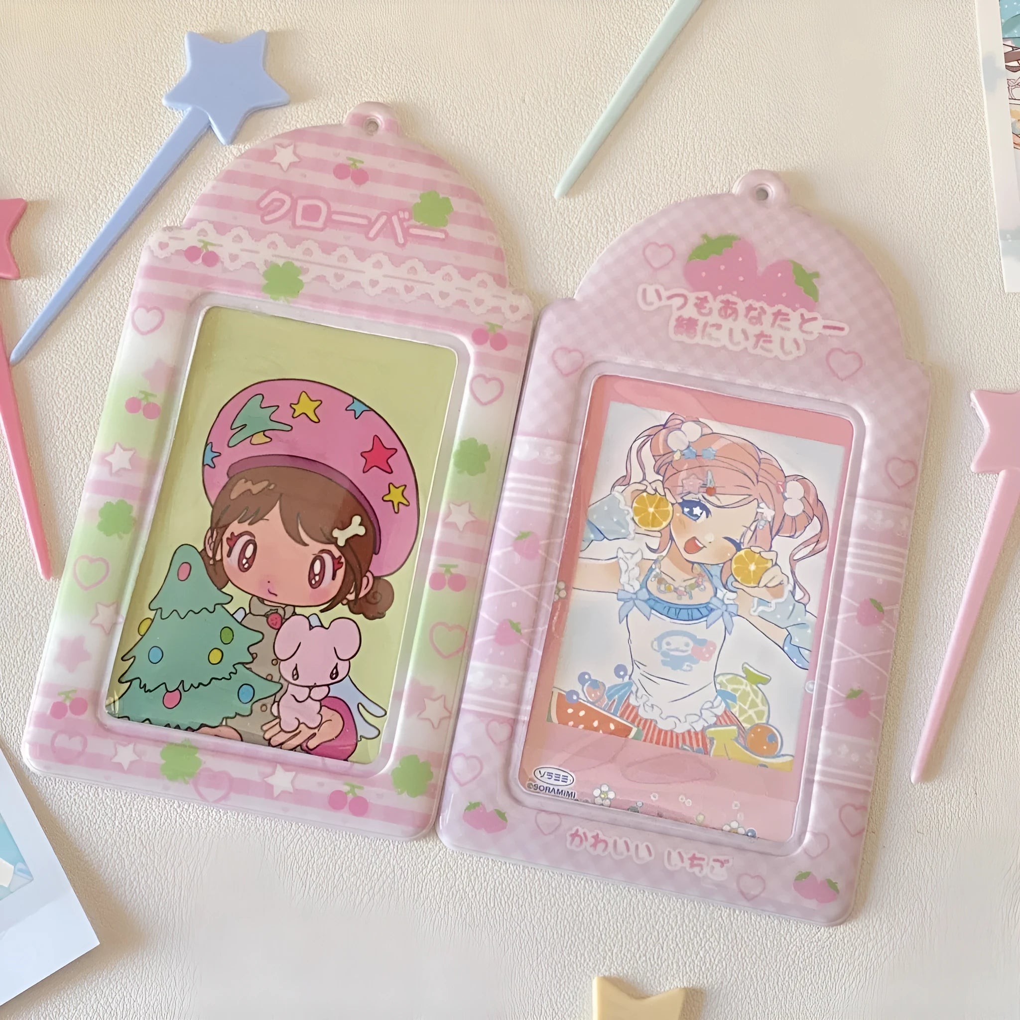 Plaid strawberry cartoon design PVC card holder measuring 7.6 by 13.6 centimetres.