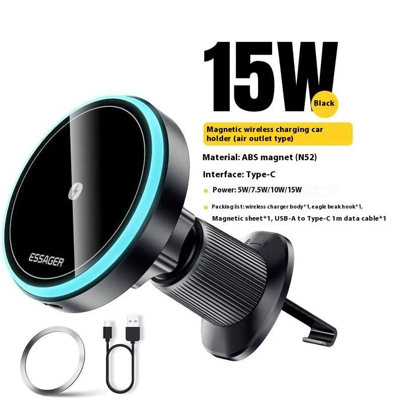 15W magnetic suction wireless charger bracket for car air outlet, Black, universal fit ABS construction