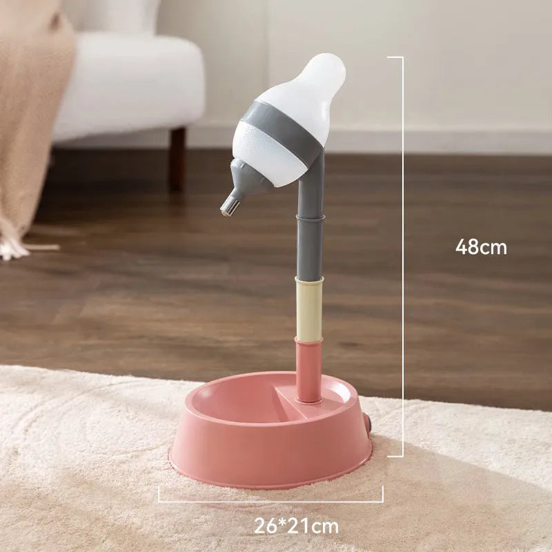 Green adjustable standing pet water dispenser with detachable pole and separate bowl on a stable base.