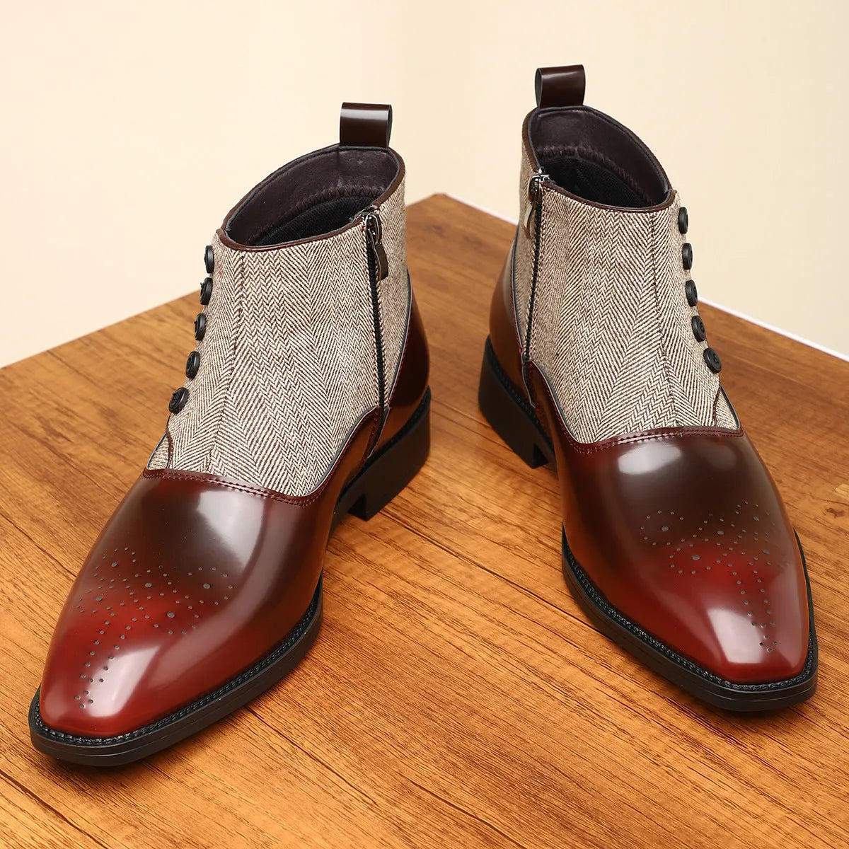 Men's brown formal shoes with side zipper, square toe, and low rubber sole on a neutral background