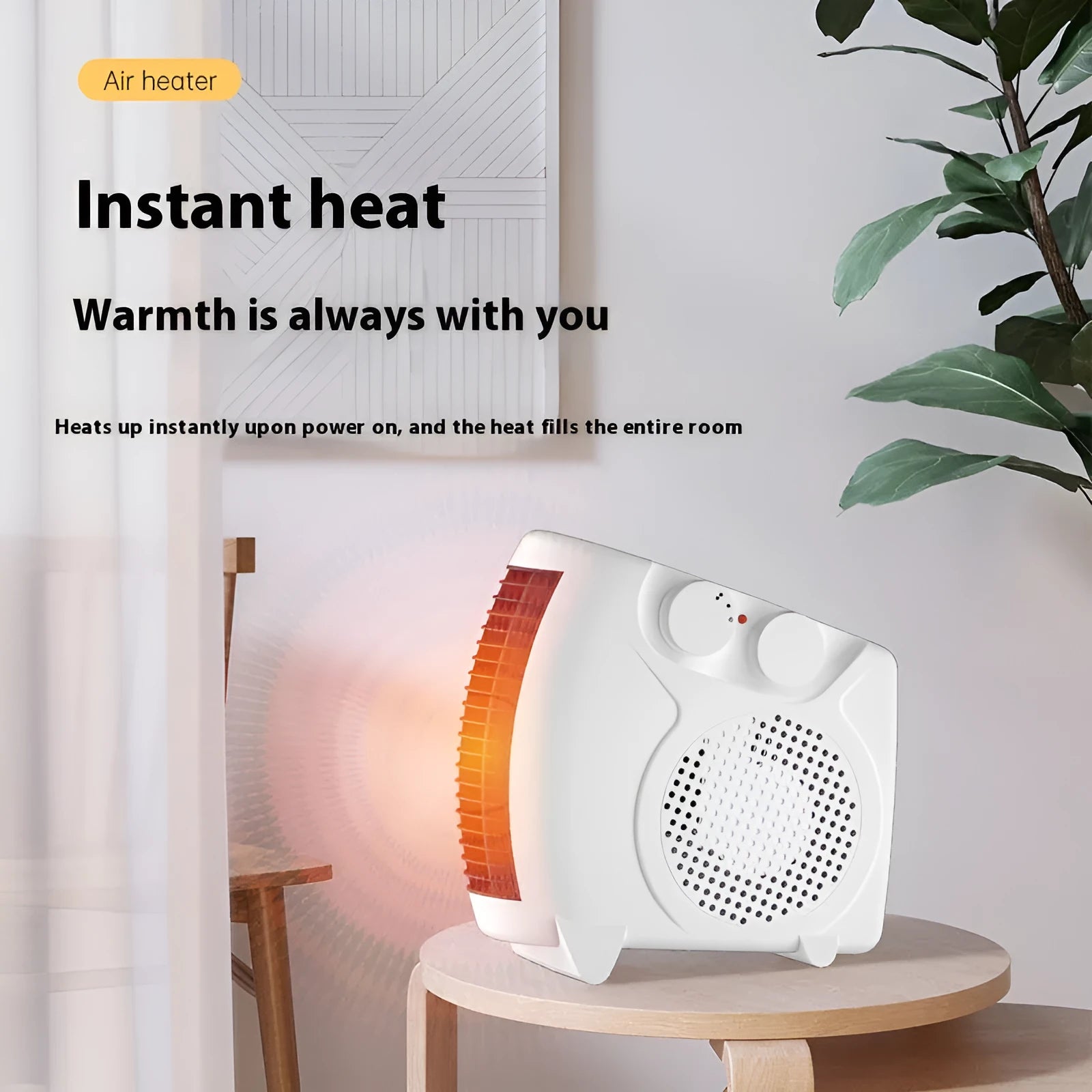 Small white portable electric heater with control dials on a desktop.