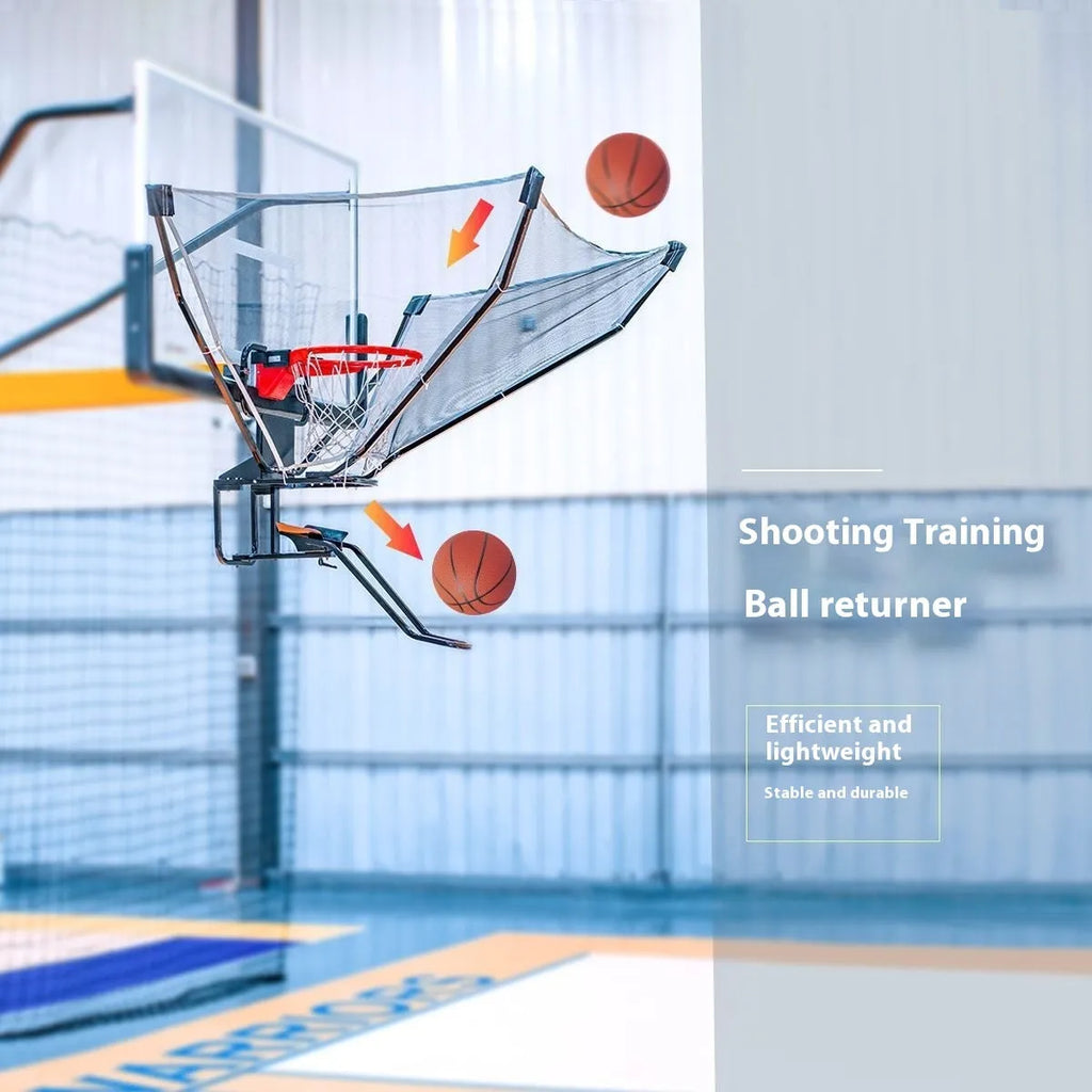 Automatic basketball return training machine hanging on a hoop for solo shooting practice.