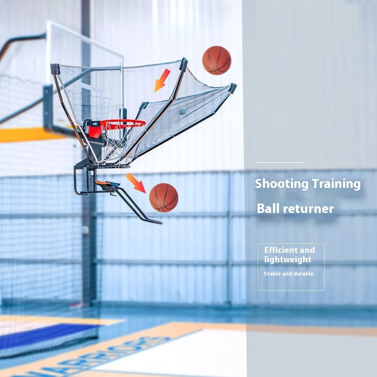 Automatic basketball return training machine hanging on a hoop for solo shooting practice.