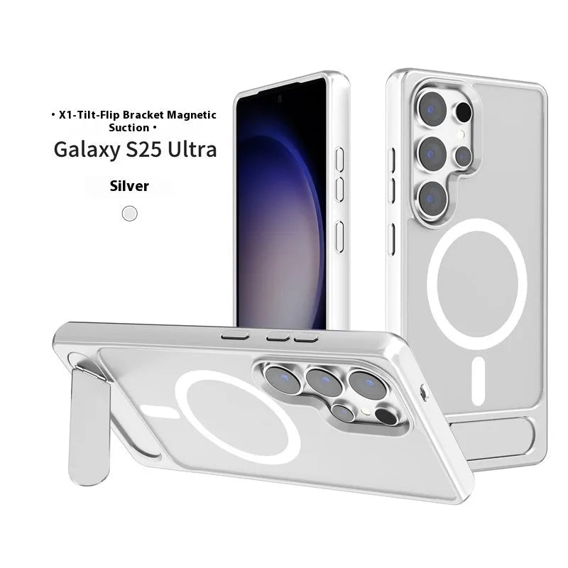Magnetic suction phone case for Samsung S25 Ultra with Magsafe oblique turning bracket in black