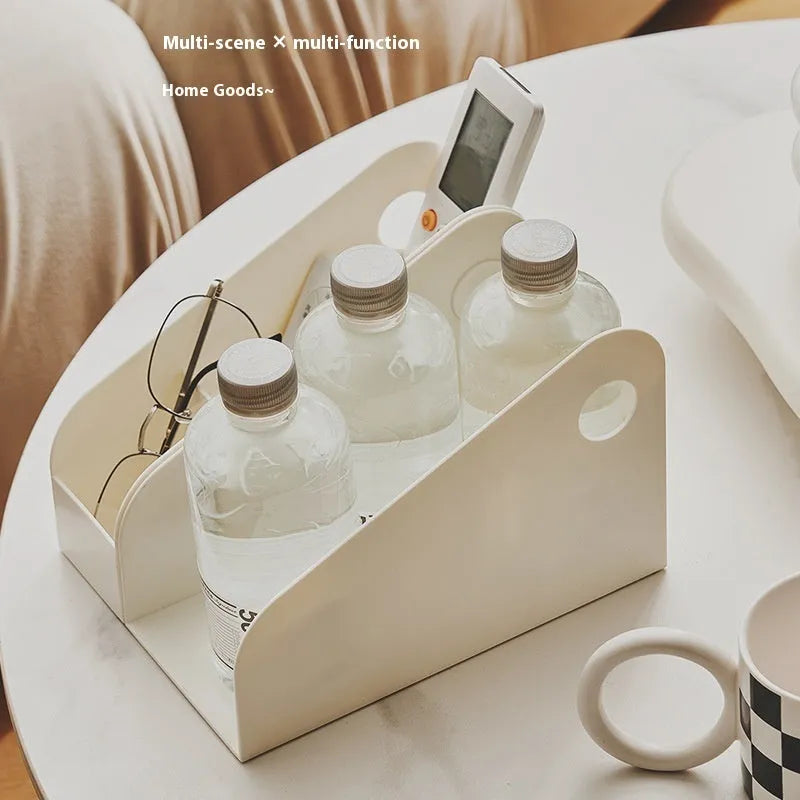 Milk coffee coloured two-tier plastic desktop storage box for stationery and documents