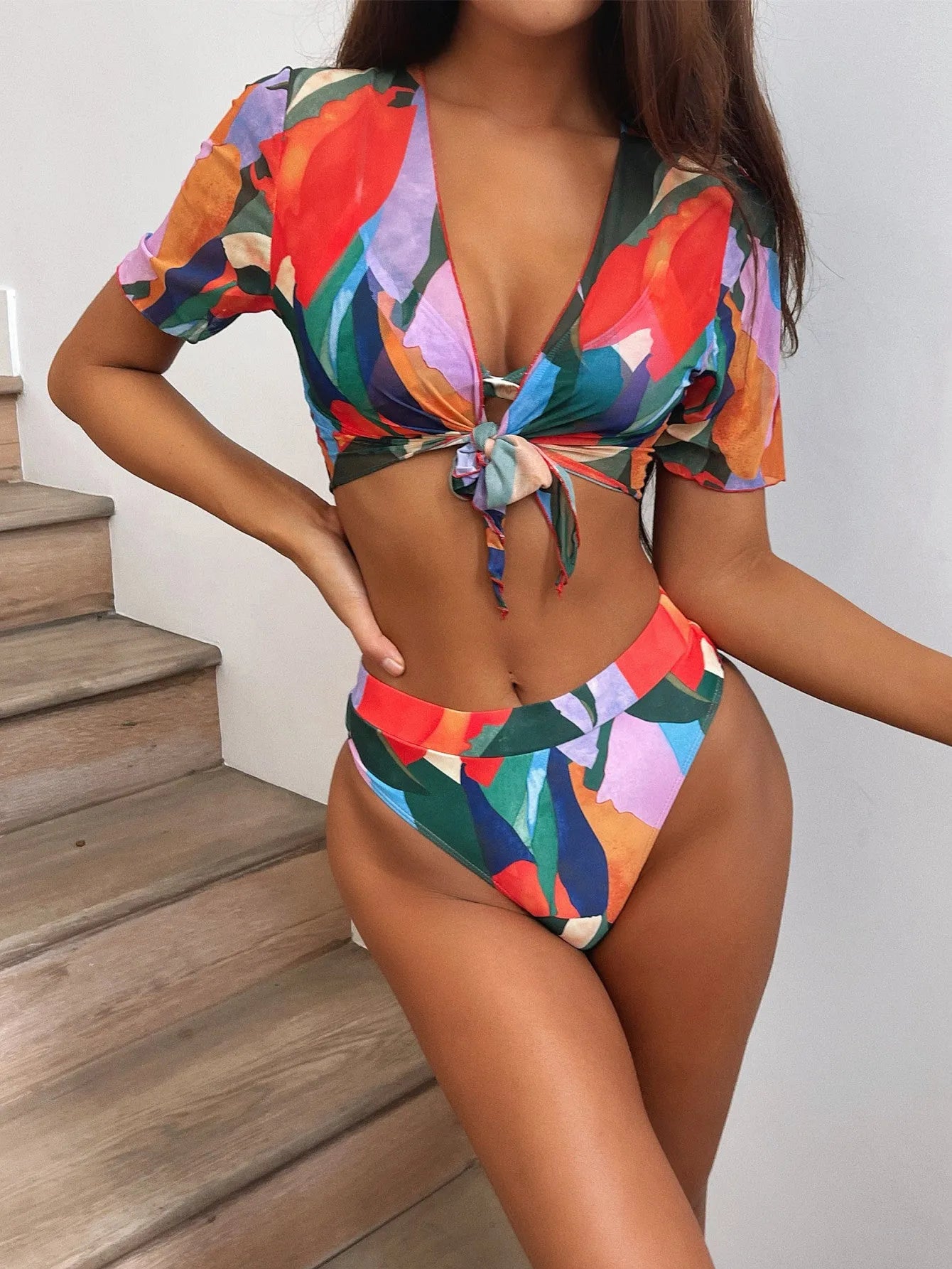 Red women's split swimsuit with European/American pattern design for swimming and surfing