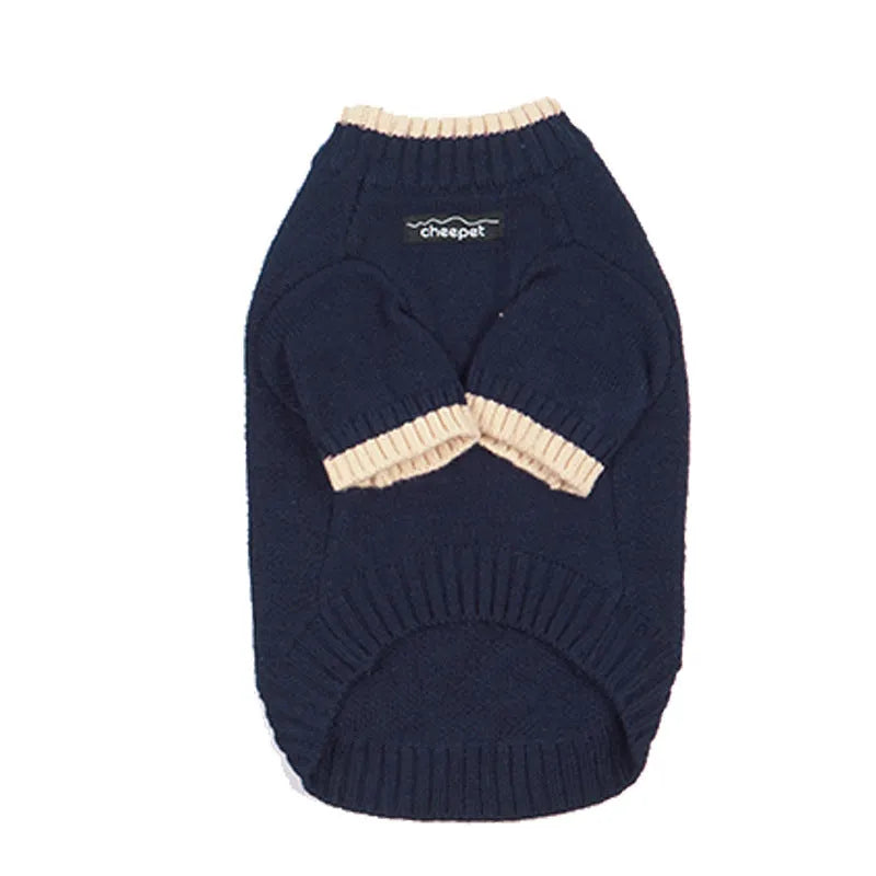 British style wool pet sweater with two-leg design in crown blue colour on a dog
