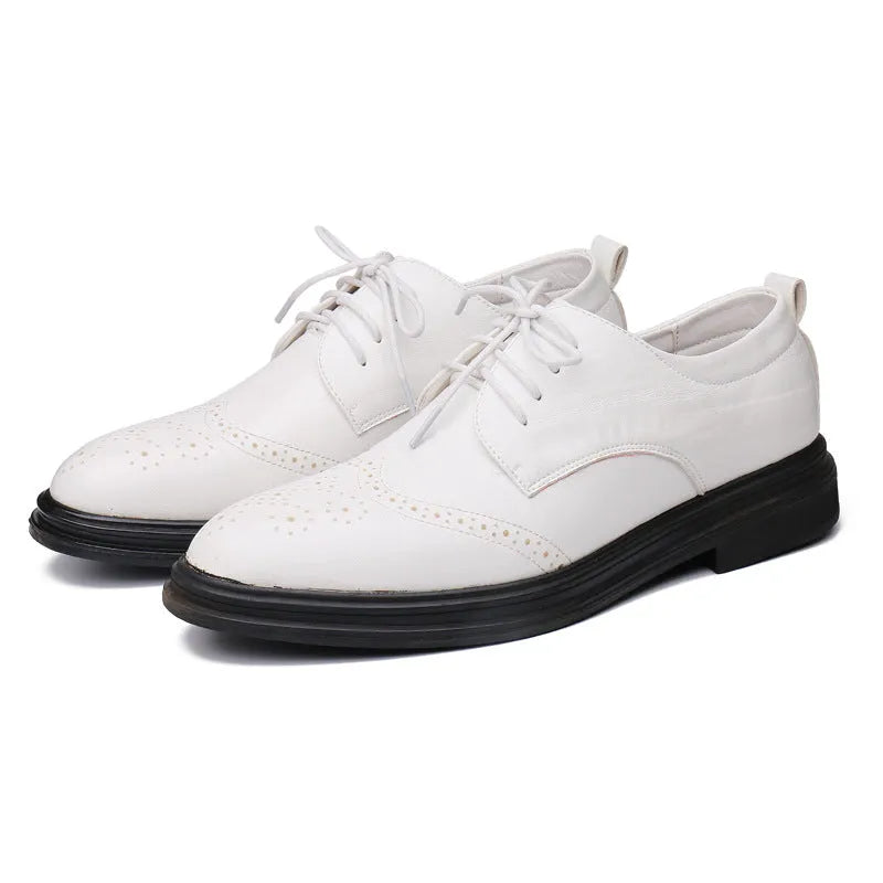 Men's anti-slip dress shoes with leather lining, rubber sole, square heel, round toe and embossed grid pattern, sizes 38-45