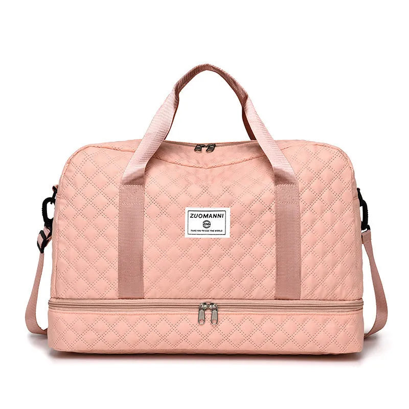 Large Oxford cloth travel bag in a solid colour showing its spacious design and street style details.