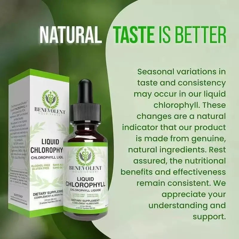 A 60ml bottle of natural liquid chlorophyll drops for adult dietary supplementation.