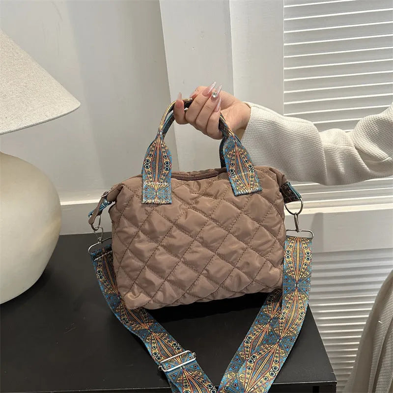 Soft Oxford cloth shoulder messenger bag with embroidery design and internal phone pocket in horizontal square shape