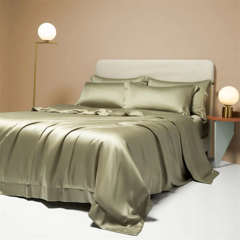 A modern, neatly made bed with a Lenzing Tencel duvet cover and pillowcases in a choice of nine colours like Sea Salt Blue.