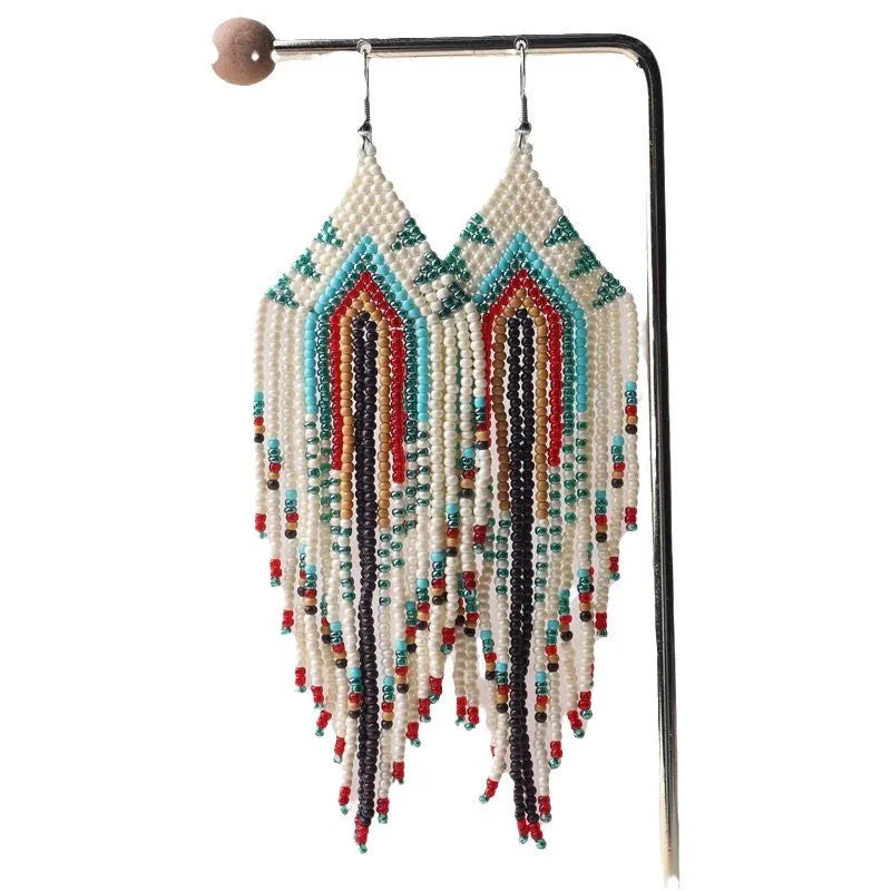 Hand-woven glass bead women's earrings in Bohemian geometric style with colourful glaze beads and alloy fittings