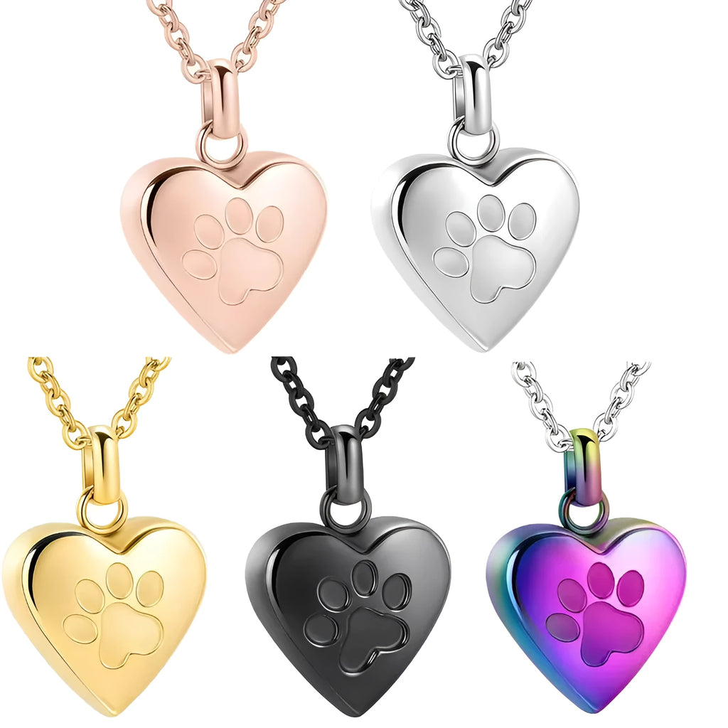 Titanium steel heart-shaped casket necklace with a love paw print, shown on a chain.
