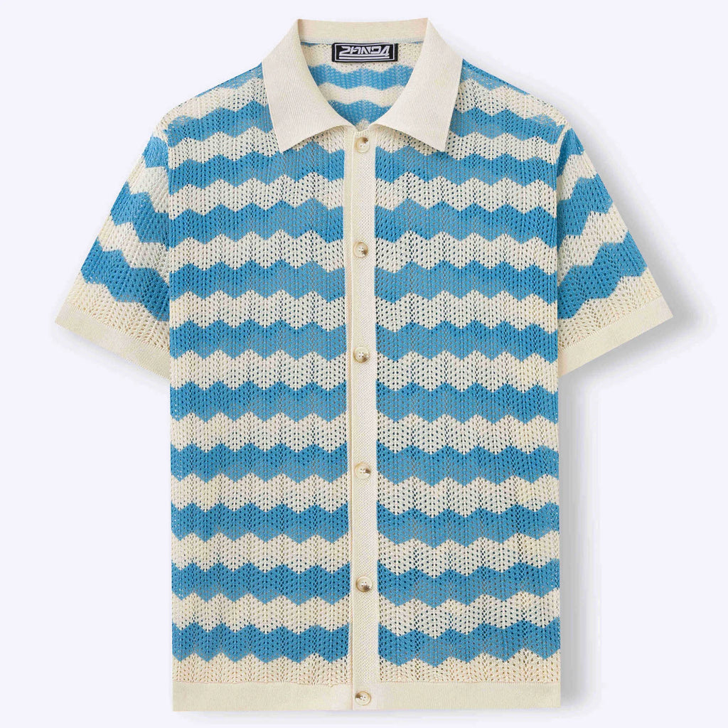 Yellow short-sleeve Tencel sweater with hollow jacquard corrugated texture on a hanger.