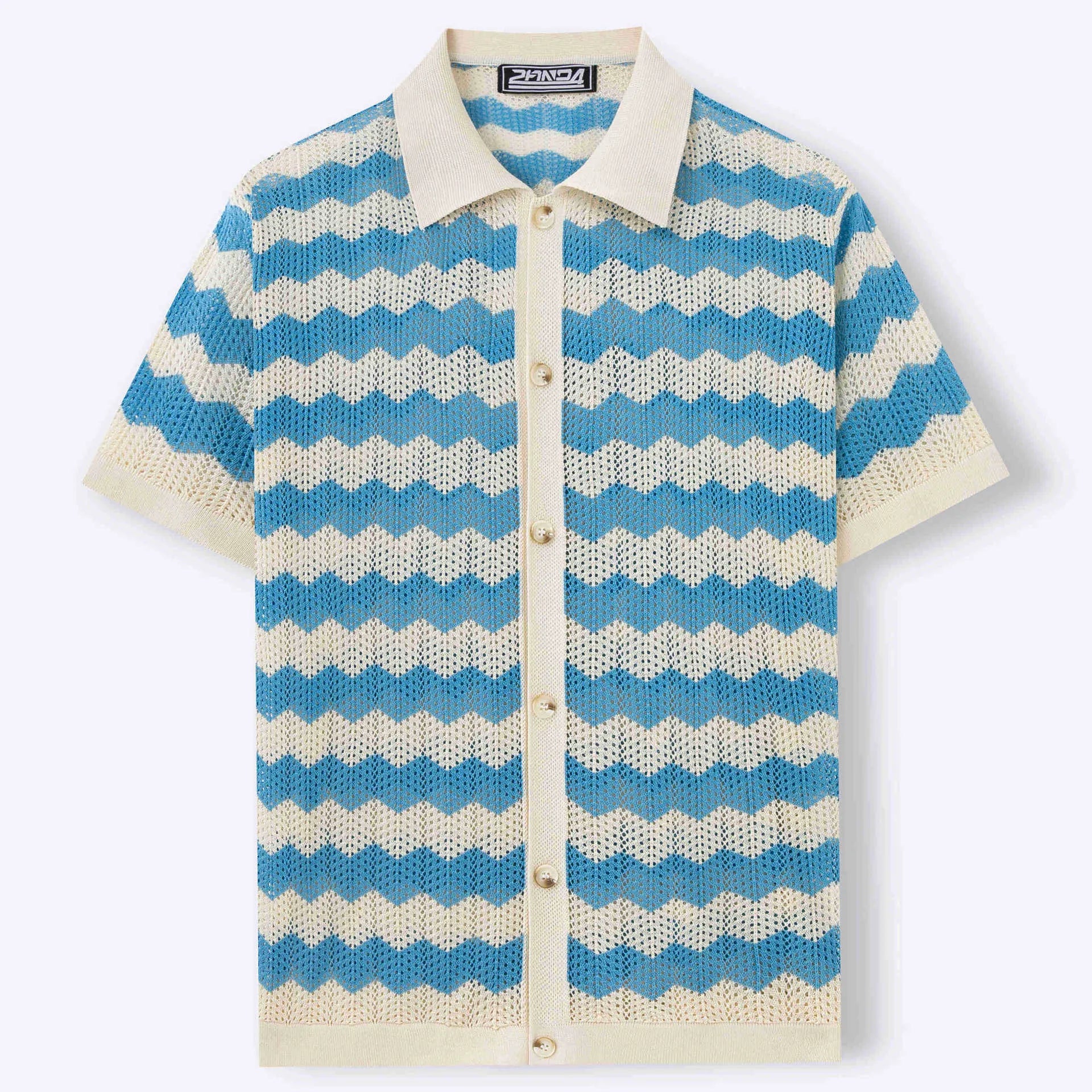 Yellow short-sleeve Tencel sweater with hollow jacquard corrugated texture on a hanger.