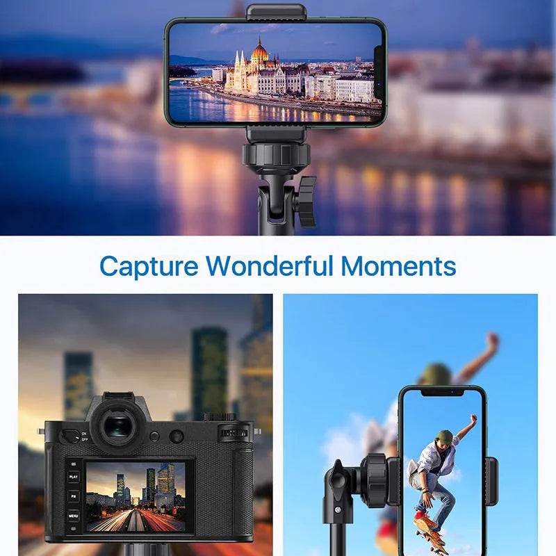 Black aluminium selfie stick tripod collapsed to 45cm with smartphone mount