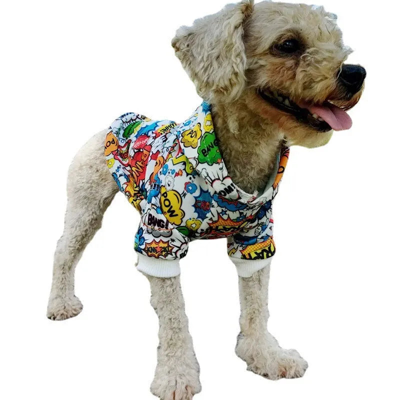 Acrylic pet hoodie with graffiti print and letter design in blue colour for dogs